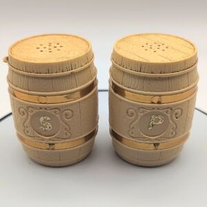 Gold Toned and Tan Barrel Salt and Pepper Shakers